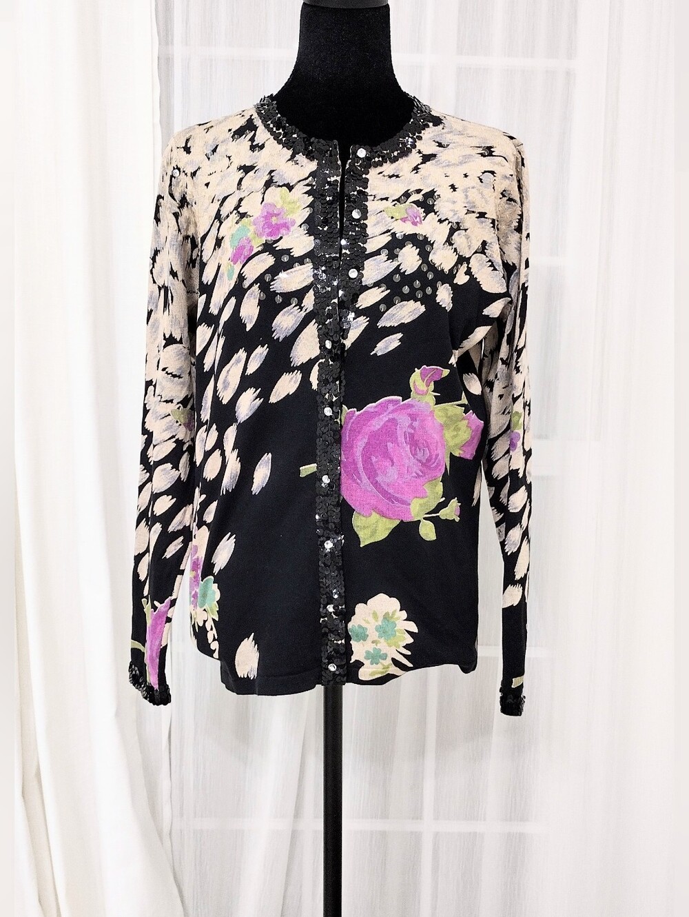 Chico's Black Floral Sequin-Trim Cardigan Top